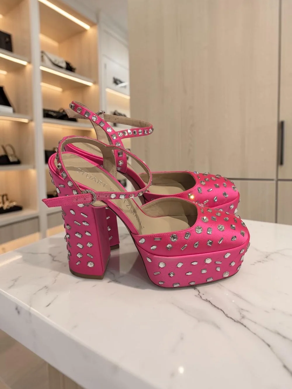 Stuart Weitzman Pink Satin Rhinestone Platform Heels 7 NWOB